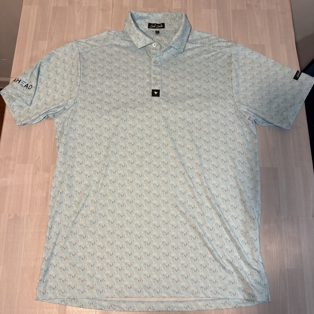 Bad Birdie Polo Shirt Men's Size Large Flamingo Print Blue Golf Performance